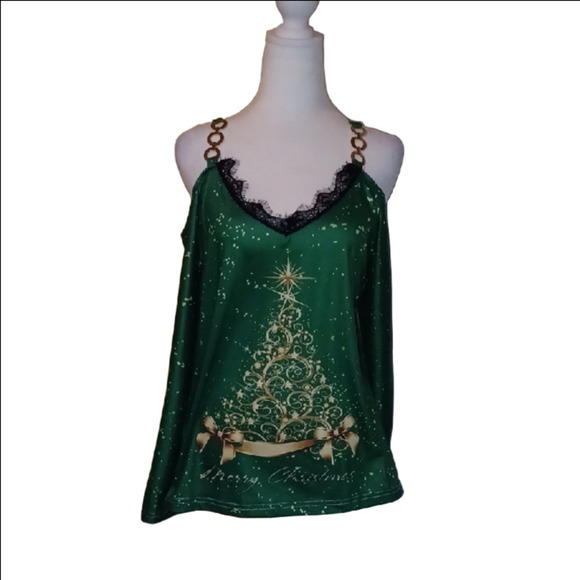 💙🏍Green Christmas Tree Women's Top With Pickaboo Sleeves - Picture 4 of 13